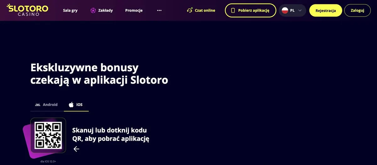 Slotoro logowanie - strona aplikacji z kodem QR