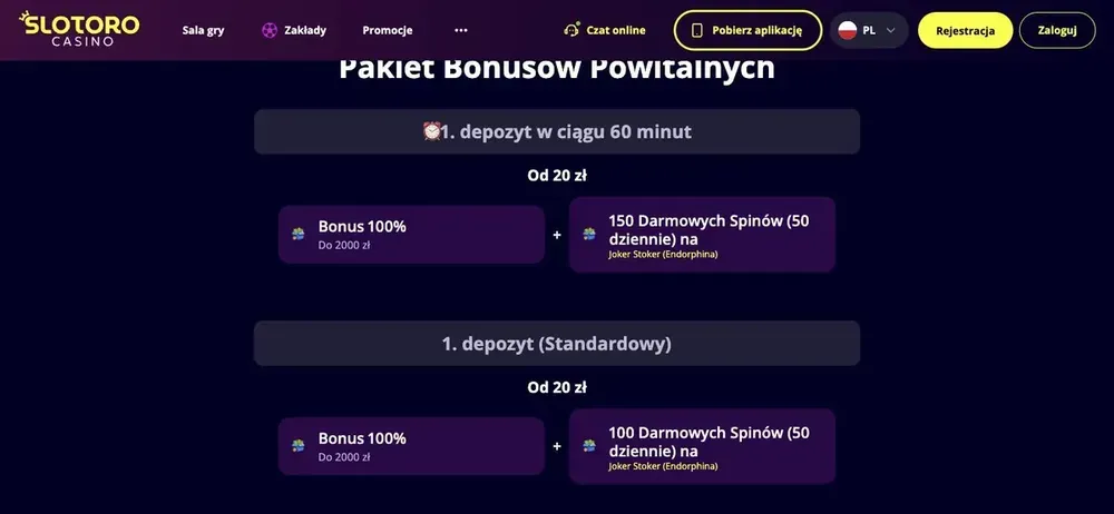 Slotoro bonus powitalny - szczegóły pakietu w dwóch wersjach