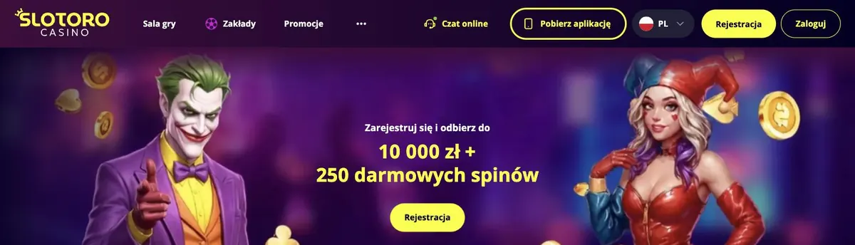 Slotoro logowanie - strona główna z przyciskami konta