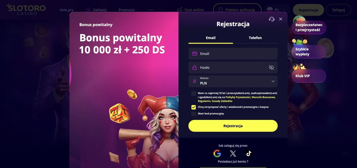Slotoro kod promocyjny - pole w formularzu rejestracji